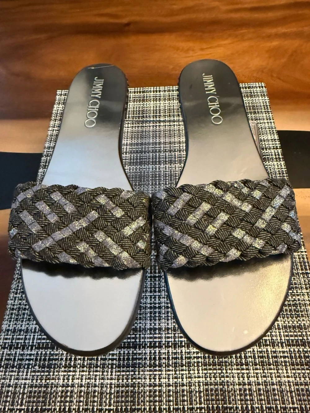 Jimmy Choo London Metallic Woven Slide Sandals Size 42 Made in Italy 🖤